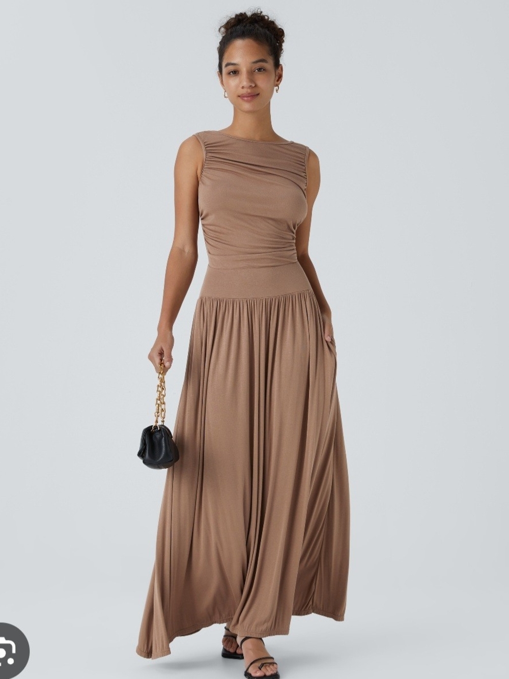 HALARA NWOT L Brown Sleeveless Ruched Maxi Dress